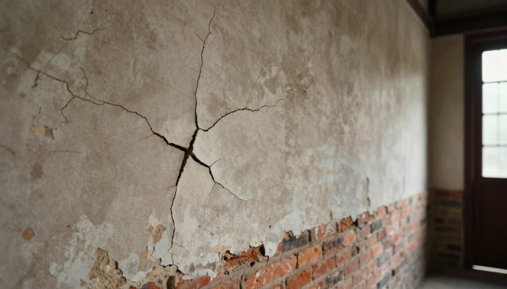 A close-up view of an aged wall in a traditional old house, showcasing distinct cracks and fissures. The foreground features deep, varied cracks with some peeling paint, highlighting signs of wear and structural concern. The wall texture is rough and weathered, presenting a rich detail of aged bricks and plaster. In the middle ground, soft light from a nearby window casts gentle shadows, enhancing the wall's imperfections while the background remains slightly blurred, suggesting an interior space of the house. The atmosphere is somber yet intriguing, evoking a sense of history and the urgency of assessing structural integrity. Natural light highlights the cracks, reflecting the delicate balance between decay and maintenance. A close-up view of an aged wall in a traditional old house, showcasing distinct cracks and fissures. The foreground features deep, varied cracks with some peeling paint, highlighting signs of wear and structural concern. The wall texture is rough and weathered, presenting a rich detail of aged bricks and plaster. In the middle ground, soft light from a nearby window casts gentle shadows, enhancing the wall's imperfections while the background remains slightly blurred, suggesting an interior space of the house. The atmosphere is somber yet intriguing, evoking a sense of history and the urgency of assessing structural integrity. Natural light highlights the cracks, reflecting the delicate balance between decay and maintenance.