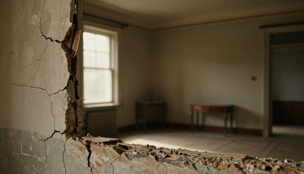 A close-up view of cracked walls in an old house, showcasing distinct fissures and peeling plaster. The foreground highlights the rough texture of the cracks, revealing layers of paint and weathered materials. In the middle ground, a slightly blurred image of a dimly lit, deserted room with sunlight streaming through a dusty window illuminates the scene, casting soft shadows that accentuate the cracks. The background features remnants of vintage decor, hinting at the building's past grandeur. The overall atmosphere is somber yet intriguing, evoking a sense of history and decay. The lighting is warm but muted, creating a hauntingly beautiful mood that conveys the necessity of addressing structural issues in aged buildings. A close-up view of cracked walls in an old house, showcasing distinct fissures and peeling plaster. The foreground highlights the rough texture of the cracks, revealing layers of paint and weathered materials. In the middle ground, a slightly blurred image of a dimly lit, deserted room with sunlight streaming through a dusty window illuminates the scene, casting soft shadows that accentuate the cracks. The background features remnants of vintage decor, hinting at the building's past grandeur. The overall atmosphere is somber yet intriguing, evoking a sense of history and decay. The lighting is warm but muted, creating a hauntingly beautiful mood that conveys the necessity of addressing structural issues in aged buildings.
