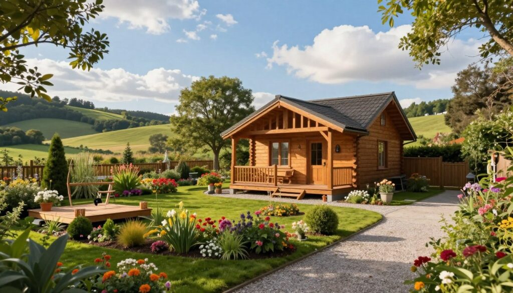 A picturesque recreational plot nestled in a serene countryside, showcasing a charming wooden cottage surrounded by lush greenery and vibrant flower beds. In the foreground, a well-manicured garden features colorful blooms and ornamental shrubs, while a small wooden deck invites relaxation. The middle ground displays the cozy cottage with a welcoming porch, framed by mature trees and a gently winding gravel path. In the background, rolling hills and a clear blue sky punctuated by fluffy white clouds create a tranquil atmosphere. The lighting is warm and soft, reminiscent of late afternoon sun, casting gentle shadows and enhancing the idyllic summer ambiance. The scene should evoke a sense of peace and potential, highlighting the possibilities of building on a recreational plot in compliance with local regulations.