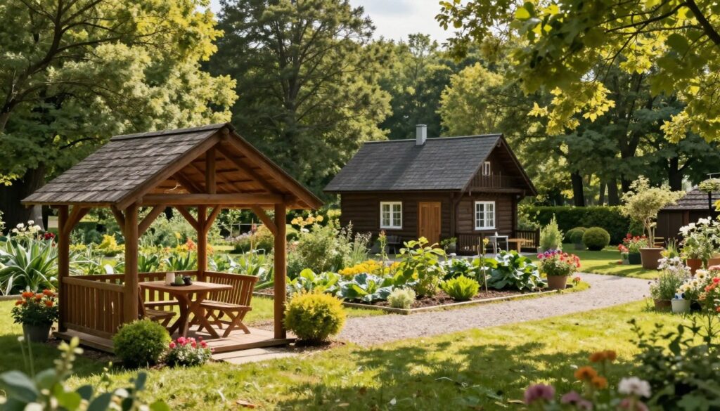 A serene view of a recreational plot (działka rekreacyjna) set amidst lush greenery. In the foreground, a cozy wooden gazebo with a table and chairs invites relaxation, surrounded by blooming flowers and well-maintained shrubs. The middle ground features a small vegetable garden and a gravel path leading to a charming, rustic cabin, reflecting a peaceful rural lifestyle. In the background, tall trees provide a natural border, with soft sunlight filtering through the leaves, creating dappled shadow patterns on the ground. The atmosphere is tranquil and inviting, perfect for a weekend getaway or a leisurely afternoon. The scene is captured with a wide-angle lens, highlighting the spaciousness of the area while maintaining a warm, inviting tone.