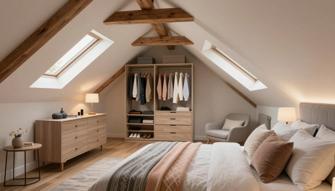 Sypialnia na poddaszu z garderobą