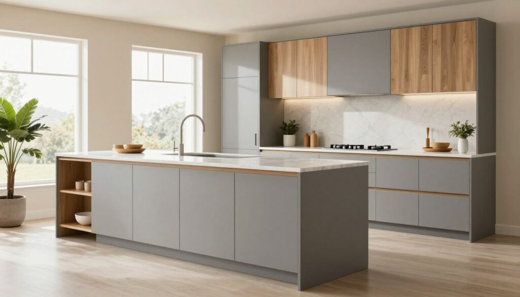 A beautifully styled modern kitchen featuring a harmonious blend of color schemes. In the foreground, sleek cabinetry in soft gray tones with subtle matte finishes, complemented by warm wooden accents. The middle ground showcases a spacious island with a white marble countertop, elegantly set with minimalist accessories. In the background, large windows illuminate the room with natural light, enhancing the airy feel. A neutral palette of beige and cream walls creates a cozy atmosphere, while strategically placed potted plants add a touch of greenery. The scene captures the essence of practicality and ease of maintenance, emphasizing smart color choices in kitchen furniture that align with contemporary design principles. The mood is inviting and professionally styled, ideal for a modern living space.