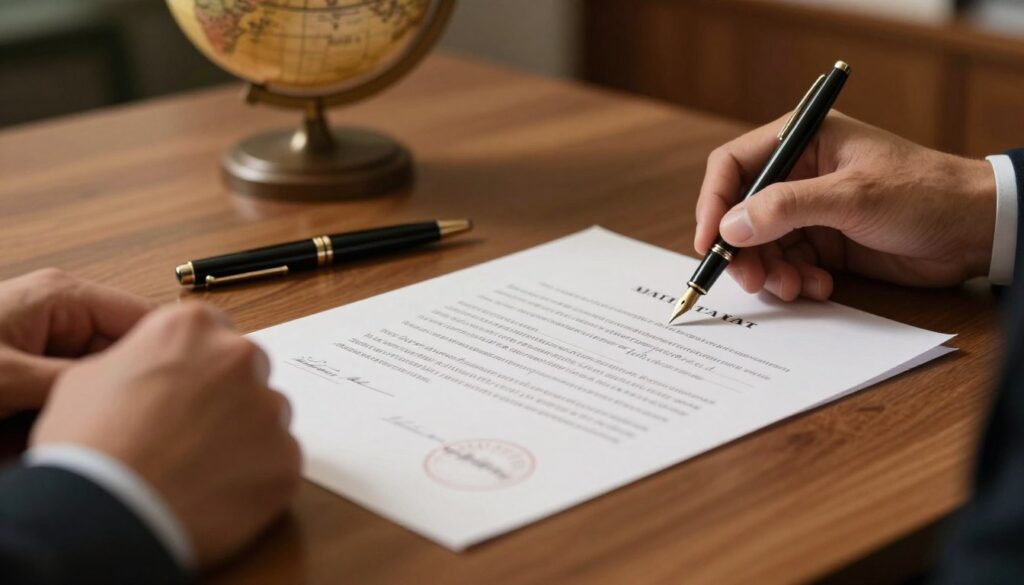 A close-up view of a notarial deed, featuring a neatly arranged document with elegant calligraphy and official seals, placed prominently on a polished wooden desk. In the foreground, a pair of professional hands, dressed in formal business attire, is poised over the document as if reviewing its contents. In the middle ground, a sophisticated fountain pen rests beside the deed, symbolizing authority and commitment, with a soft-focus globe in the background that suggests international legal significance. The lighting is warm and inviting, casting subtle shadows that enhance the document's texture, creating an atmosphere of contemplation and importance. This image captures the essence of legal formalities and the critical aspects involved in real estate transactions.
