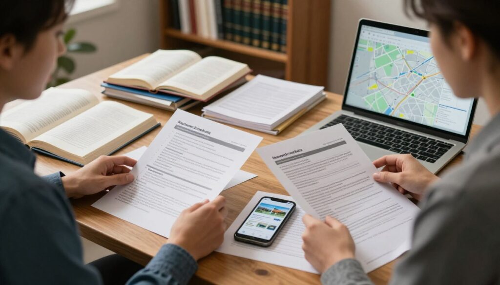 A cozy and well-lit office environment, focusing on a wooden desk cluttered with papers, a laptop displaying a map, and various folders labeled with city names. In the foreground, a professional individual in smart casual attire examines a printed document with curiosity. In the middle ground, several open books on research methods and a smartphone displaying a neighborhood app reflect alternate methods for gathering information about tenants. The background features a bookshelf filled with legal reference texts, while soft, warm lighting creates an inviting and scholarly atmosphere. The image should evoke a sense of inquiry and professionalism, capturing the essence of alternative address searching methods. A cozy and well-lit office environment, focusing on a wooden desk cluttered with papers, a laptop displaying a map, and various folders labeled with city names. In the foreground, a professional individual in smart casual attire examines a printed document with curiosity. In the middle ground, several open books on research methods and a smartphone displaying a neighborhood app reflect alternate methods for gathering information about tenants. The background features a bookshelf filled with legal reference texts, while soft, warm lighting creates an inviting and scholarly atmosphere. The image should evoke a sense of inquiry and professionalism, capturing the essence of alternative address searching methods.