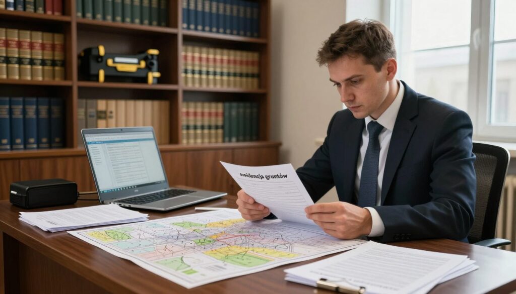A detailed office scene showcasing the concept of "ewidencja gruntów," or land registry. In the foreground, a neatly organized desk filled with land survey maps, legal documents, and a laptop displaying a digital database. A professional in formal attire is intently reviewing the documents, their focused expression reflecting the importance of the task. In the middle ground, a large bookshelf filled with law books and land surveying equipment, emphasizing professionalism and diligence. The background features a large window allowing natural light to illuminate the space, creating a calm and orderly atmosphere. The lighting is warm and inviting, casting soft shadows that enhance the depth of the scene. The overall mood is serious and focused, highlighting the role of land registration in providing critical information. A detailed office scene showcasing the concept of "ewidencja gruntów," or land registry. In the foreground, a neatly organized desk filled with land survey maps, legal documents, and a laptop displaying a digital database. A professional in formal attire is intently reviewing the documents, their focused expression reflecting the importance of the task. In the middle ground, a large bookshelf filled with law books and land surveying equipment, emphasizing professionalism and diligence. The background features a large window allowing natural light to illuminate the space, creating a calm and orderly atmosphere. The lighting is warm and inviting, casting soft shadows that enhance the depth of the scene. The overall mood is serious and focused, highlighting the role of land registration in providing critical information.