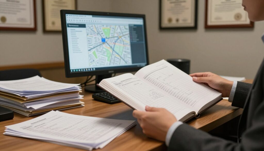 A detailed, realistic office setting showcasing a wooden desk covered with neatly organized files and documents related to land and building records, emphasizing the importance of property ownership verification. In the foreground, a professional person in business attire examines a large, open registry book filled with handwritten entries and blueprints, capturing a sense of diligence in their work. In the middle, a slightly blurred view of a computer screen displaying digital maps and property ownership information, indicating modern record-keeping methods. The background features a wall adorned with framed certificates and legal licenses, dimly lit to create a serious, focused atmosphere. Soft, warm lighting enhances the professionalism of the scene, with a shallow depth of field focusing on the individual and the registry book while gently softening other elements.