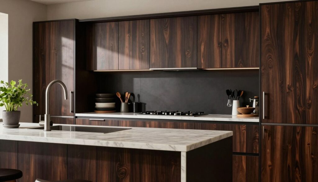 A modern kitchen featuring dark-colored cabinetry, showcasing deep walnut or ebony wood finishes. In the foreground, a sleek kitchen island with matching dark hues, topped with a subtle marble countertop that reflects soft ambient lighting. In the middle ground, the cabinets create a streamlined look with stainless steel handles, while various kitchen tools are neatly arranged, adding a touch of functionality. The background hints at stylishly organized shelves with dark ceramic dishware and potted herbs, enhancing the elegance of the scene. The lighting is warm and inviting, highlighting the rich textures and colors of the materials. The overall atmosphere conveys sophistication and modernity, perfect for illustrating an elegant kitchen interior.