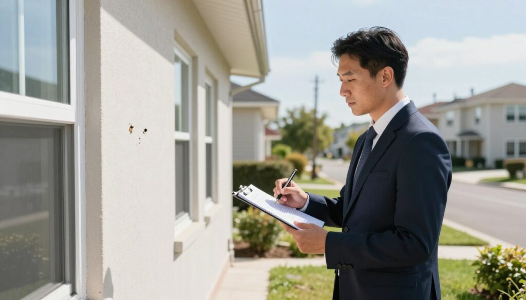 A professional setting showcasing a property inspection in progress. In the foreground, a well-dressed inspector is examining a building's wall for signs of wear or damage, using a clipboard and tools. The inspector is in business attire, conveying a sense of professionalism and attention to detail. In the middle ground, a section of the property is visible, including structural elements like windows and exterior, emphasizing the importance of technical inspection. The background features a serene neighborhood with well-kept houses under a bright, clear sky, bathed in natural daylight to create an inviting atmosphere. The scene exudes a sense of diligence and thoroughness, highlighting the significance of property condition assessments before contractual agreements.