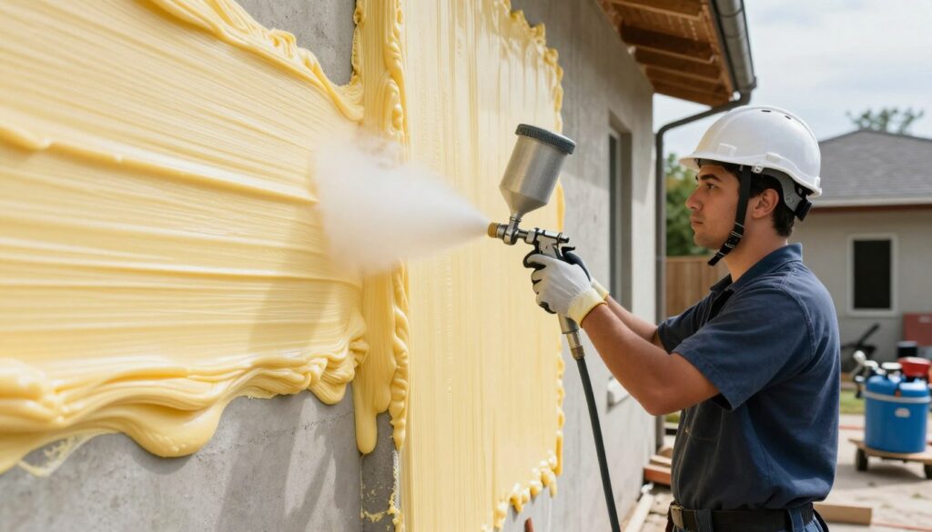 A professional spray foam insulation service in action. In the foreground, a skilled technician in a safety helmet and gloves is using a spray gun to apply foam insulation on the walls of a residential building, showcasing the precision of the application. The middle ground features the freshly applied foam expanding and filling gaps on a concrete wall, emphasizing the thick texture and vibrant color of the material. In the background, a well-lit and organized outdoor worksite with equipment and foam insulation materials. Bright daylight illuminates the scene, highlighting the technician's focused expression and the smoothness of the foam, conveying a sense of professionalism and efficiency. The overall atmosphere is one of industriousness and quality workmanship, suitable for showcasing the essence of spray foam insulation services.