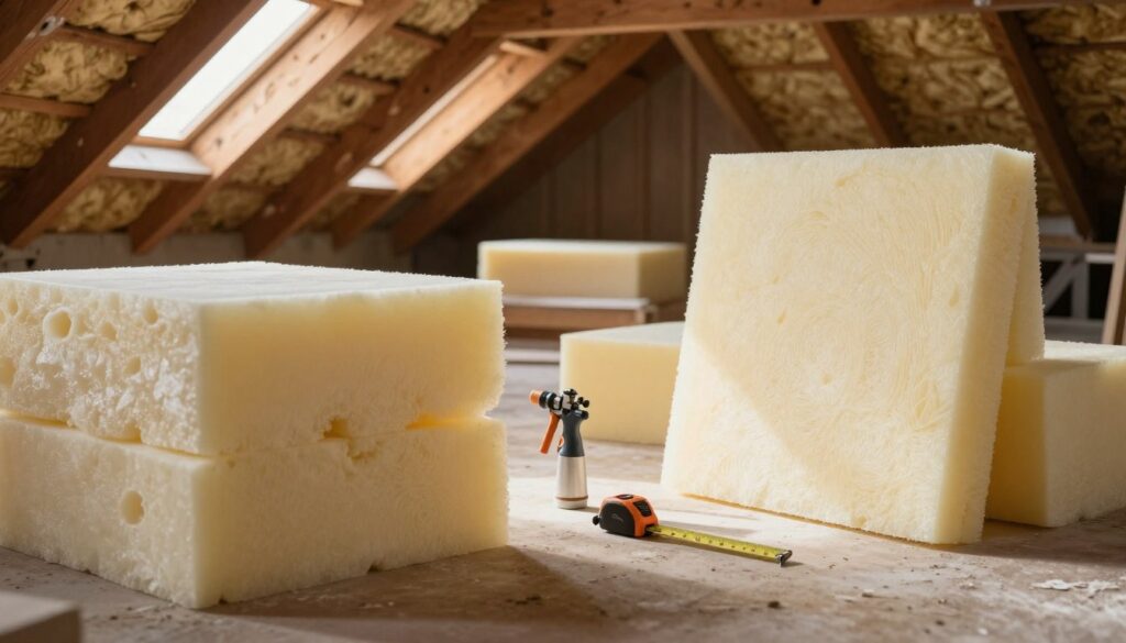 A spacious attic with beams and insulation materials, showcasing the differences between open-cell and closed-cell foam insulation. In the foreground, carefully arranged bales of open-cell foam, appearing fluffy and porous, contrasted with the solid, sleek panels of closed-cell foam. Soft natural light streams through a window, illuminating the textures of both foam types. In the middle, tools such as a spray foam gun and a measuring tape are present, hinting at insulation installation process. The background presents a well-organized attic space with exposed rafters and subtle hints of unfinished wood, evoking a sense of practicality and home improvement. The mood is informative and inviting, encouraging viewers to explore the nuances of attic insulation techniques.