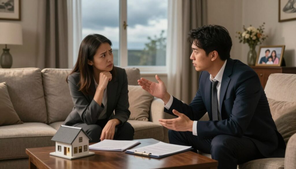 A tense family meeting in a cozy, well-furnished living room, with two adults in professional attire seated at a coffee table, discussing a property agreement. One person looks concerned while the other gestures expressively, illustrating conflict and disagreement over responsibilities. In the background, a window reveals a cloudy sky, hinting at uncertainty and tension. Soft, warm lighting casts gentle shadows, creating an intimate yet uneasy atmosphere. A framed photo of a family sits on a nearby shelf, symbolizing the personal stakes involved. The composition should convey the themes of obligation and familial conflict, highlighting the emotional weight of the discussion.