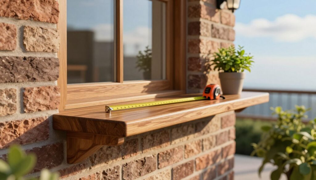 A well-designed outdoor window sill, showcasing optimal dimensions for aesthetics and functionality. In the foreground, a beautifully crafted wooden sill protruding from a charming brick wall; the texture of the wood is rich and natural, with a subtle gloss highlighting its finish. In the middle ground, a measurement tape lays next to the sill, indicating the recommended overhang length, while small potted plants with vibrant green leaves add a touch of life and color. The background features a clear blue sky and soft clouds, enhancing the overall brightness of the scene. The lighting is warm and inviting, simulating the golden hour, creating gentle shadows that accentuate the details of the materials. The image conveys a sense of harmony and elegance in design, suitable for anyone considering outdoor window sill installations. A well-designed outdoor window sill, showcasing optimal dimensions for aesthetics and functionality. In the foreground, a beautifully crafted wooden sill protruding from a charming brick wall; the texture of the wood is rich and natural, with a subtle gloss highlighting its finish. In the middle ground, a measurement tape lays next to the sill, indicating the recommended overhang length, while small potted plants with vibrant green leaves add a touch of life and color. The background features a clear blue sky and soft clouds, enhancing the overall brightness of the scene. The lighting is warm and inviting, simulating the golden hour, creating gentle shadows that accentuate the details of the materials. The image conveys a sense of harmony and elegance in design, suitable for anyone considering outdoor window sill installations.