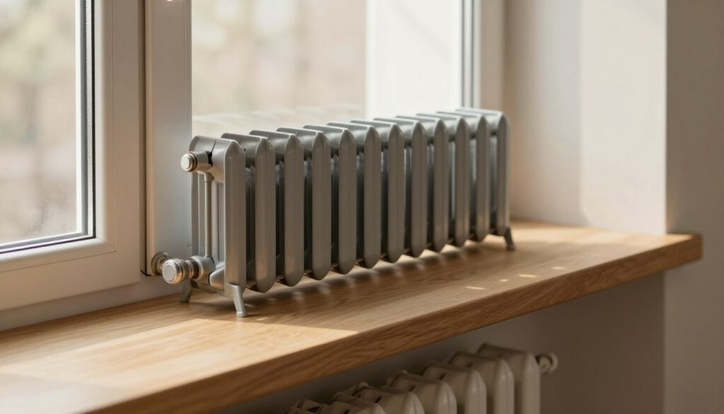 A well-designed windowsill with a stylish window ledge and a modern radiator positioned below it. The foreground shows the smooth texture of the wooden or stone parapet, elegantly contrasting with the sleek metal of the radiator. In the middle ground, the radiator features traditional or contemporary heating fins, casting soft shadows on the wall. The background consists of a softly lit indoor space with natural light filtering softly through a sheer curtain, creating a warm, inviting atmosphere. The scene evokes a sense of comfort and harmony, with shadows enhancing the shapes of the parapet and radiator. The angle captures both the ledge and the heating element in a symmetrical composition, emphasizing their relationship. The lighting should convey a cozy ambiance, ideal for a home setting. A well-designed windowsill with a stylish window ledge and a modern radiator positioned below it. The foreground shows the smooth texture of the wooden or stone parapet, elegantly contrasting with the sleek metal of the radiator. In the middle ground, the radiator features traditional or contemporary heating fins, casting soft shadows on the wall. The background consists of a softly lit indoor space with natural light filtering softly through a sheer curtain, creating a warm, inviting atmosphere. The scene evokes a sense of comfort and harmony, with shadows enhancing the shapes of the parapet and radiator. The angle captures both the ledge and the heating element in a symmetrical composition, emphasizing their relationship. The lighting should convey a cozy ambiance, ideal for a home setting.